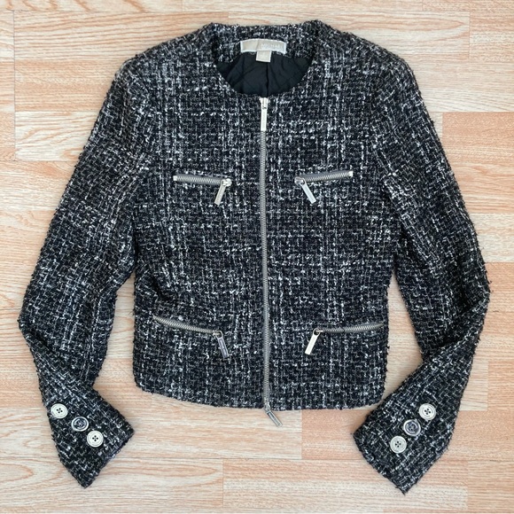 Michael Kors Black & White Textured Cotton Wool Woven Zippered Blazer Jacket 0 - Picture 1 of 8
